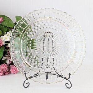 Vintage Clear Glass Round Cake Plate w/ Sunburst & Bubble Design 11.25" Retro